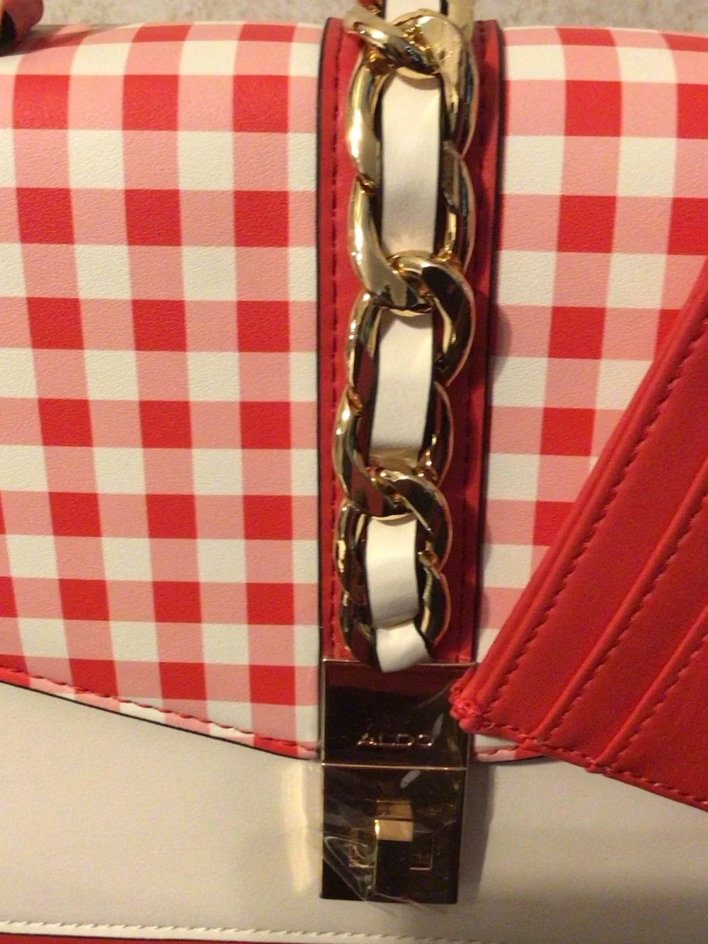 ALDO Red & White Gingham Chain-Accent Top-Handle Satchel